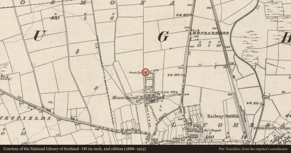Ordnance Survey six-inch map, 2nd edition (1888–1915) covering the location of Burial ground, Cosmona, County Galway, with a pin at the register's coordinates