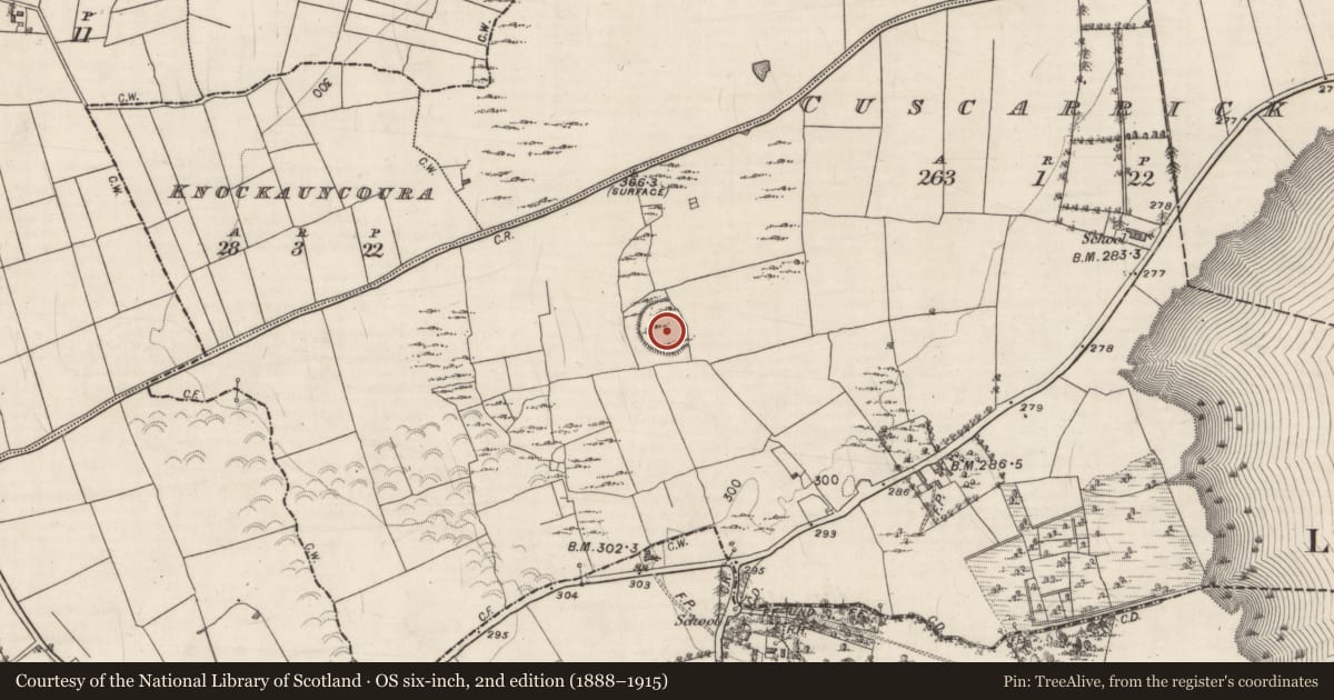 Ordnance Survey six-inch map, 2nd edition (1888–1915) covering the location of Enclosure - large enclosure, Cuscarrick, County Galway, with a pin at the register's coordinates