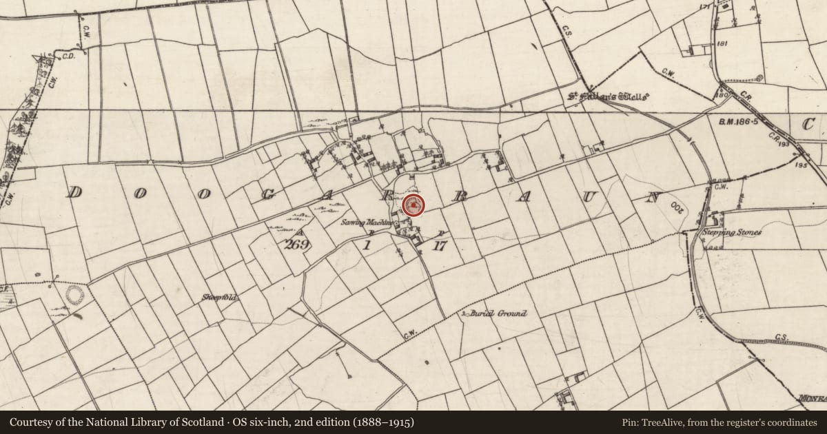 Ordnance Survey six-inch map, 2nd edition (1888–1915) covering the location of Souterrain, Doogarraun, County Galway, with a pin at the register's coordinates