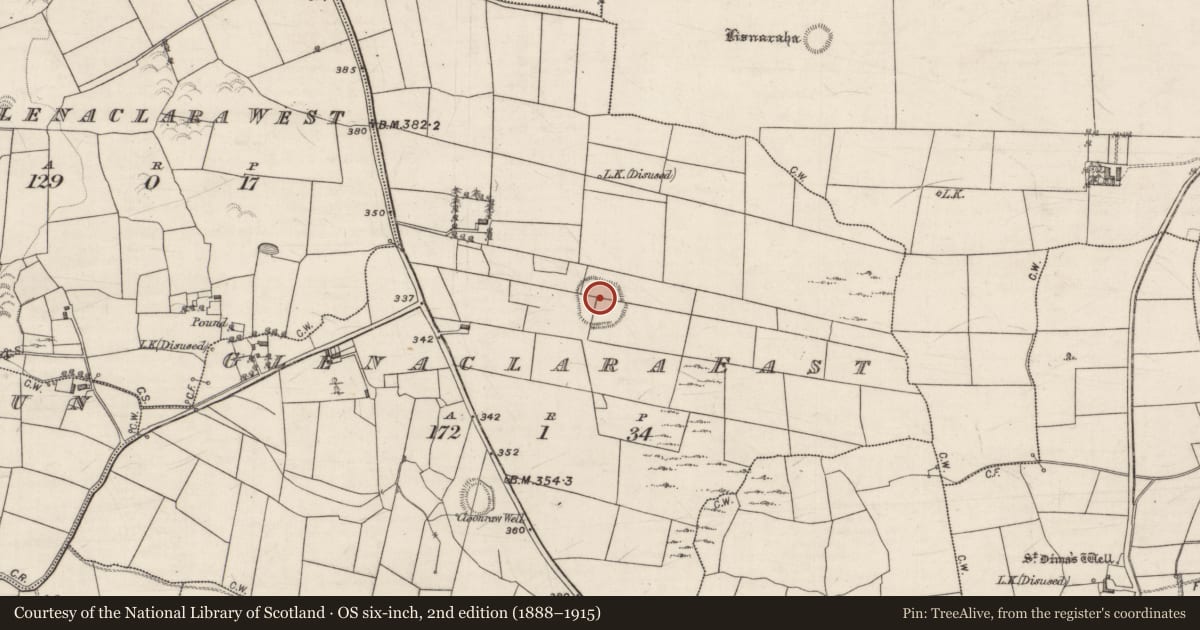 Ordnance Survey six-inch map, 2nd edition (1888–1915) covering the location of Enclosure, Glenaclara East, County Galway, with a pin at the register's coordinates