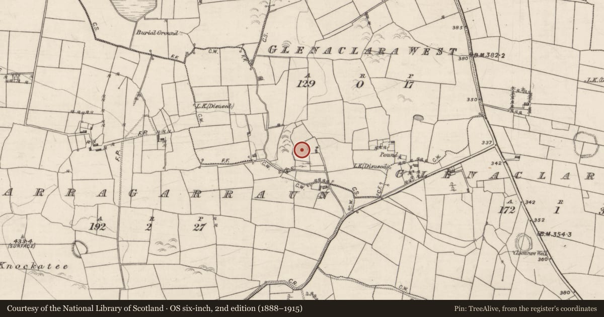 Ordnance Survey six-inch map, 2nd edition (1888–1915) covering the location of Ringfort - rath, Glenaclara West, County Galway, with a pin at the register's coordinates