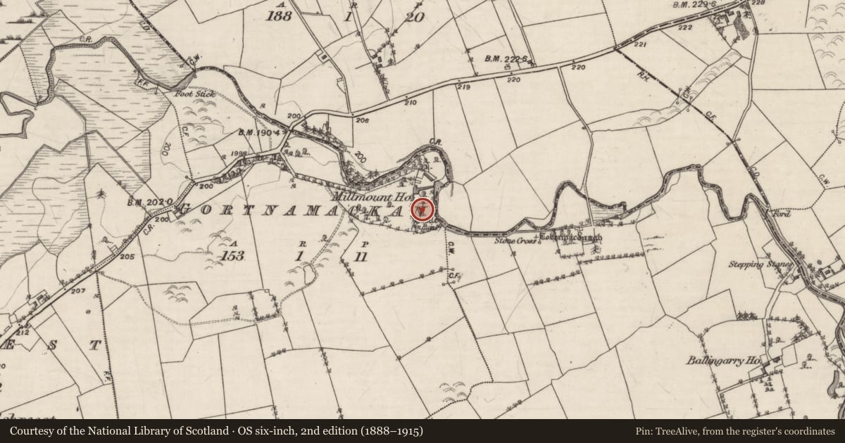 Ordnance Survey six-inch map, 2nd edition (1888–1915) covering the location of Castle - tower house, Gortnamackan, County Galway, with a pin at the register's coordinates