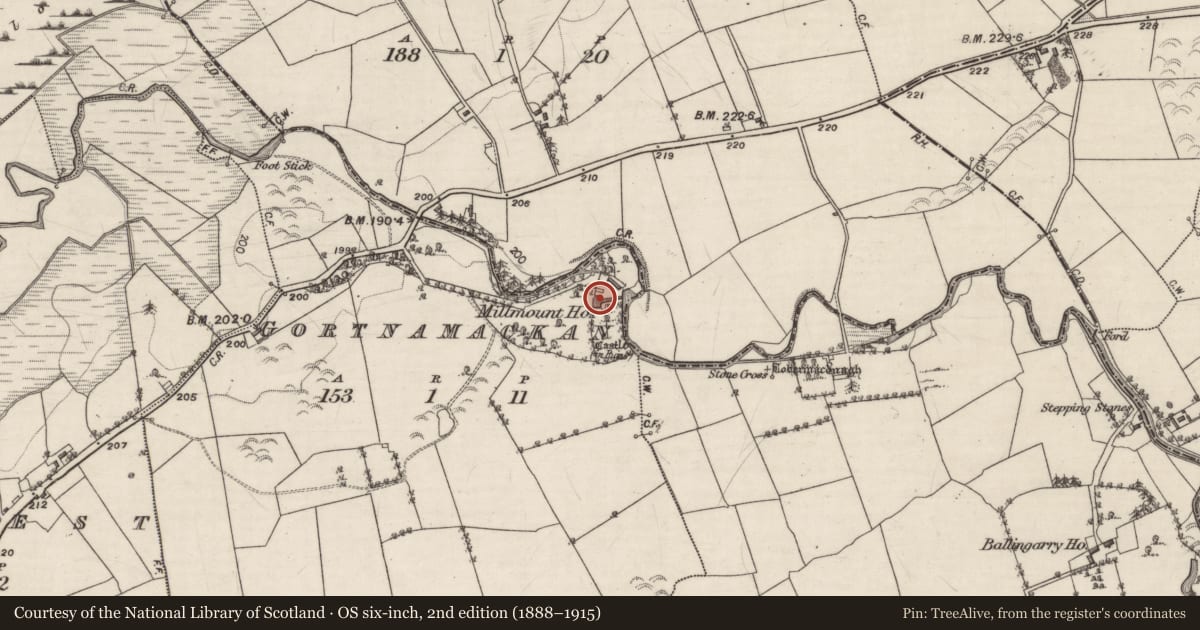 Ordnance Survey six-inch map, 2nd edition (1888–1915) covering the location of Country house, Gortnamackan, County Galway, with a pin at the register's coordinates