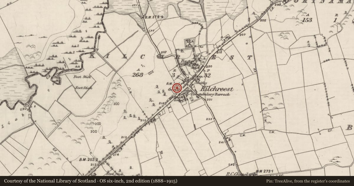 Ordnance Survey six-inch map, 2nd edition (1888–1915) covering the location of Church, Kilchreest, County Galway, with a pin at the register's coordinates