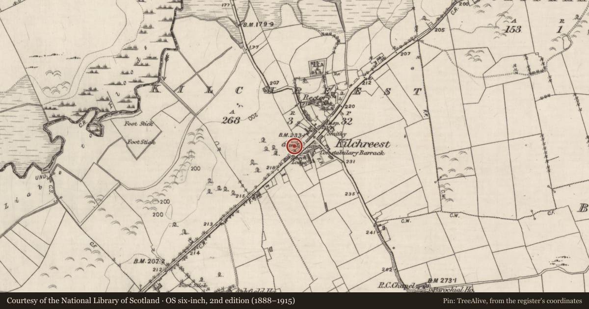Ordnance Survey six-inch map, 2nd edition (1888–1915) covering the location of Graveyard, Kilchreest, County Galway, with a pin at the register's coordinates