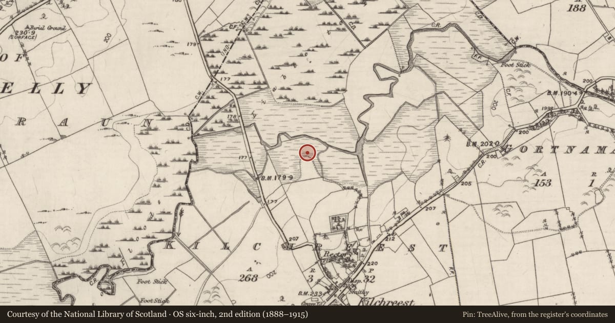 Ordnance Survey six-inch map, 2nd edition (1888–1915) covering the location of Earthwork, Kilchreest, County Galway, with a pin at the register's coordinates