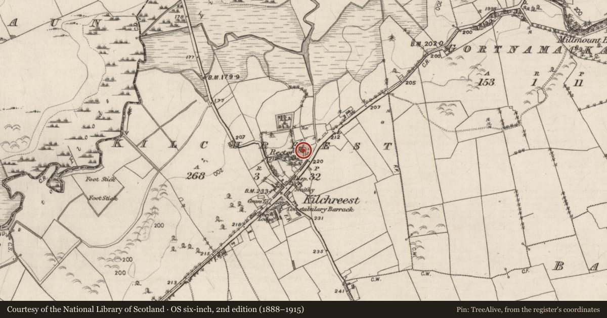 Ordnance Survey six-inch map, 2nd edition (1888–1915) covering the location of Ecclesiastical residence, Kilchreest, County Galway, with a pin at the register's coordinates