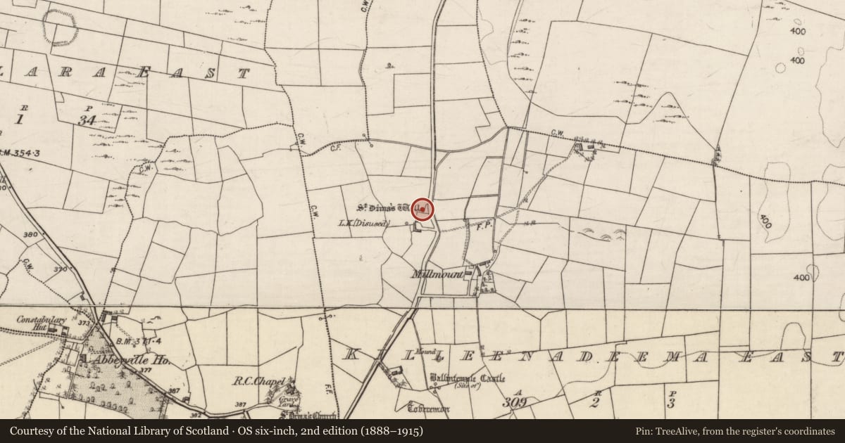 Ordnance Survey six-inch map, 2nd edition (1888–1915) covering the location of Ritual site - holy well, Killeenadeema East, County Galway, with a pin at the register's coordinates