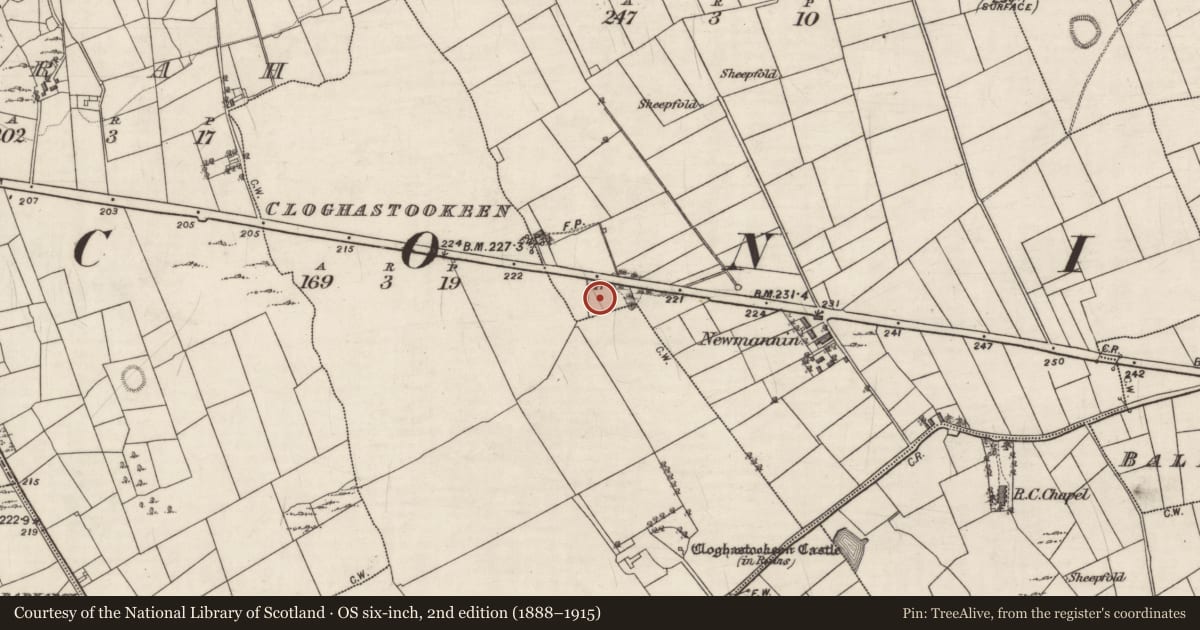 Ordnance Survey six-inch map, 2nd edition (1888–1915) covering the location of Fulacht fia, Knockadaumore, County Galway, with a pin at the register's coordinates