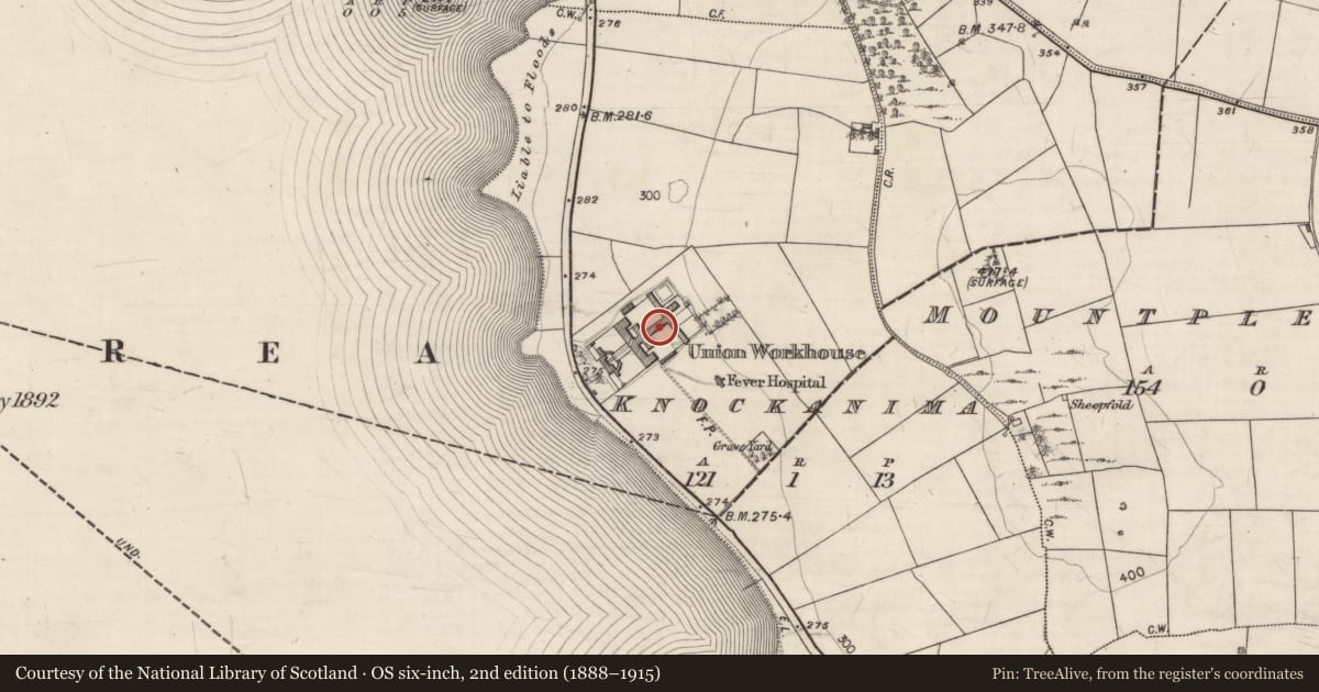 Ordnance Survey six-inch map, 2nd edition (1888–1915) covering the location of Workhouse, Knockanima, County Galway, with a pin at the register's coordinates