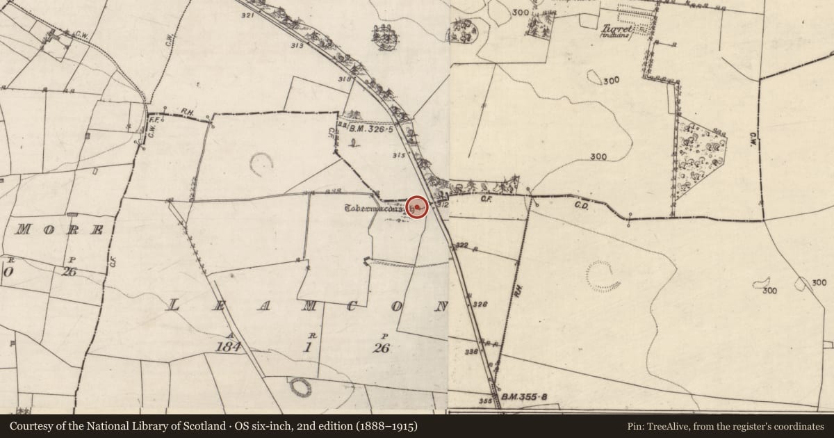 Ordnance Survey six-inch map, 2nd edition (1888–1915) covering the location of Ritual site - holy well, Leamcon, County Galway, with a pin at the register's coordinates