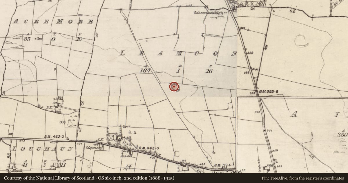 Ordnance Survey six-inch map, 2nd edition (1888–1915) covering the location of Ringfort - rath, Leamcon, County Galway, with a pin at the register's coordinates