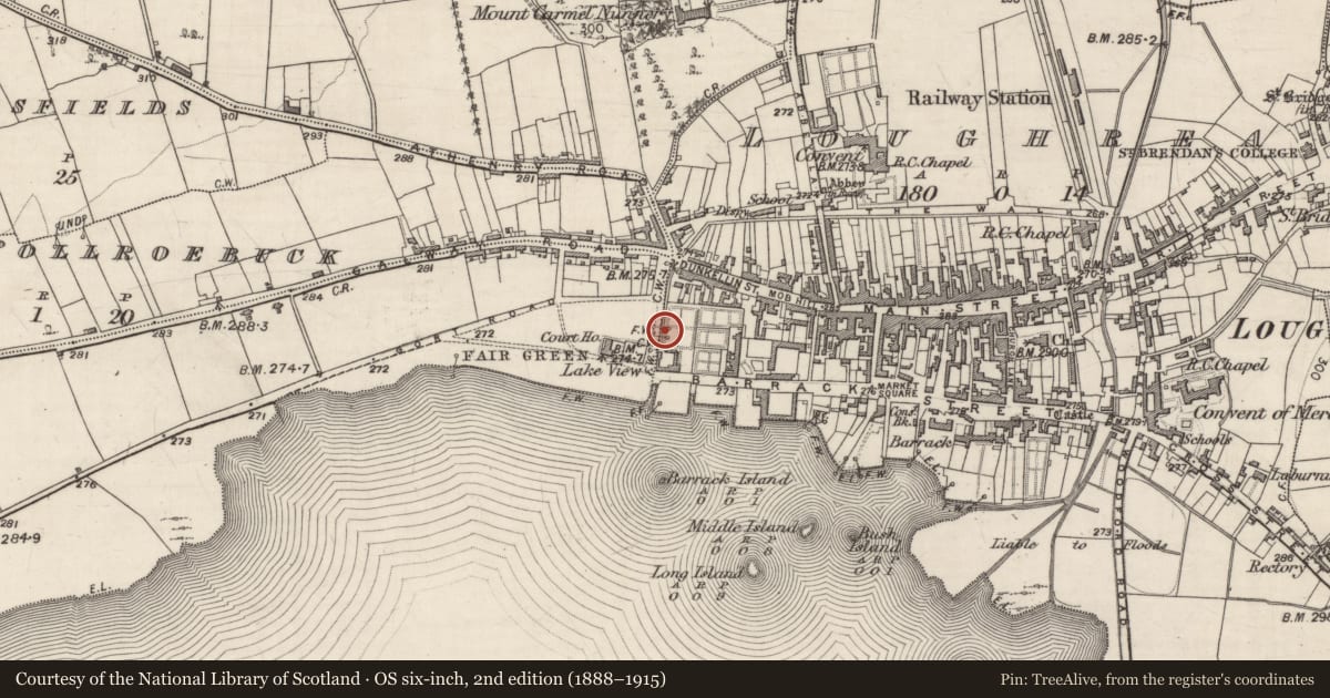 Ordnance Survey six-inch map, 2nd edition (1888–1915) covering the location of Designed landscape - summer house, Loughrea, County Galway, with a pin at the register's coordinates