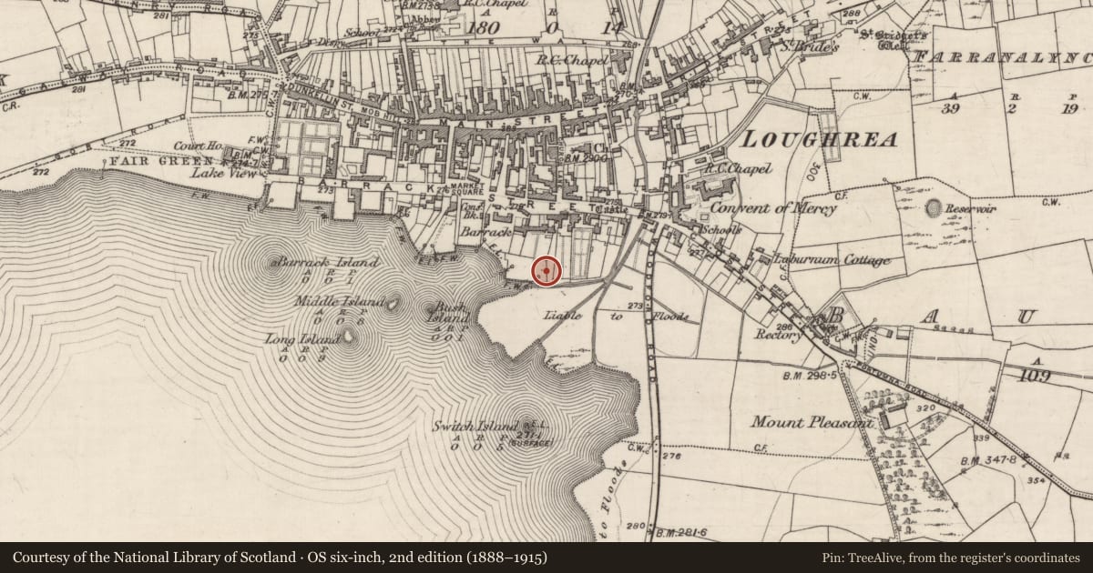 Ordnance Survey six-inch map, 2nd edition (1888–1915) covering the location of Ritual site - holy well, Loughrea, County Galway, with a pin at the register's coordinates