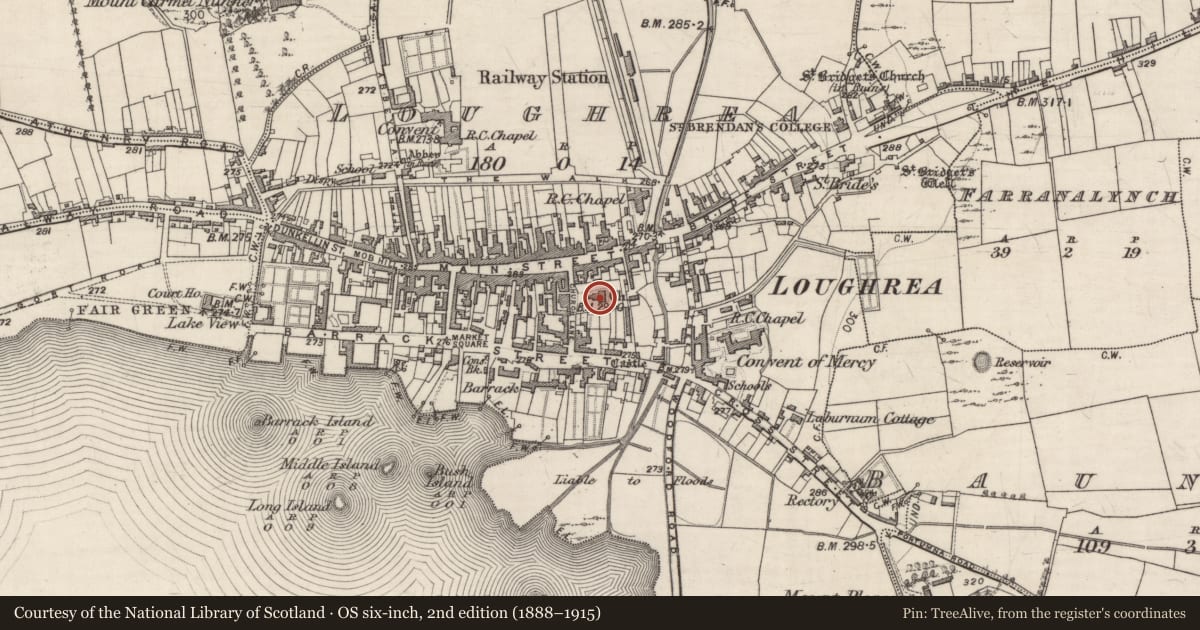 Ordnance Survey six-inch map, 2nd edition (1888–1915) covering the location of Church, Loughrea, County Galway, with a pin at the register's coordinates