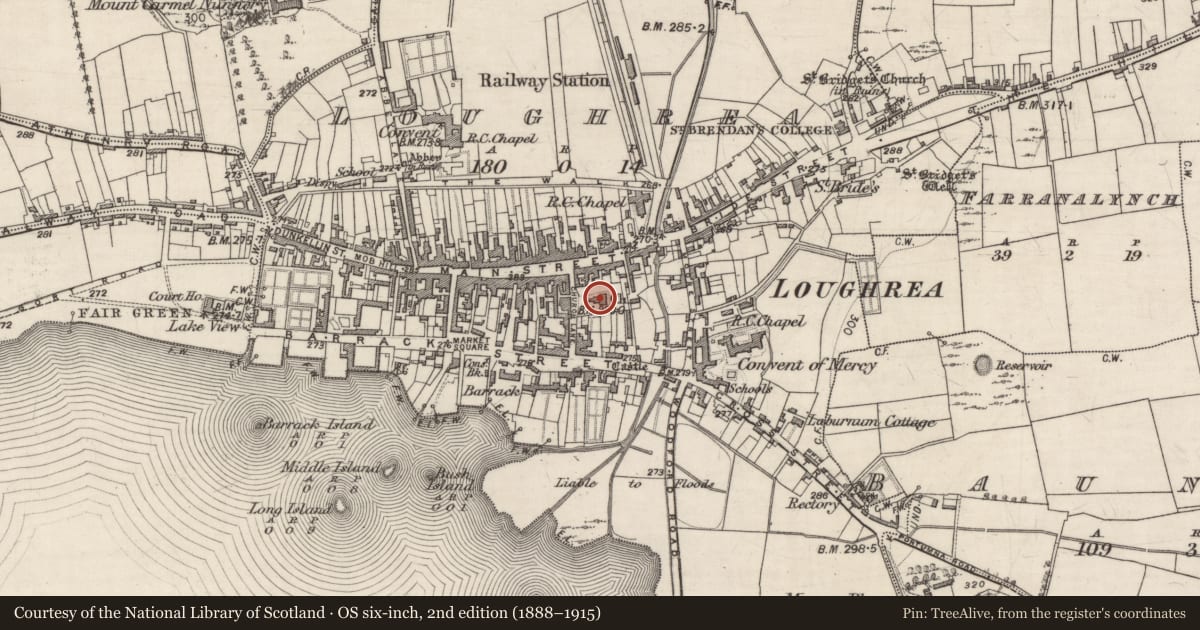 Ordnance Survey six-inch map, 2nd edition (1888–1915) covering the location of Graveslab, Loughrea, County Galway, with a pin at the register's coordinates
