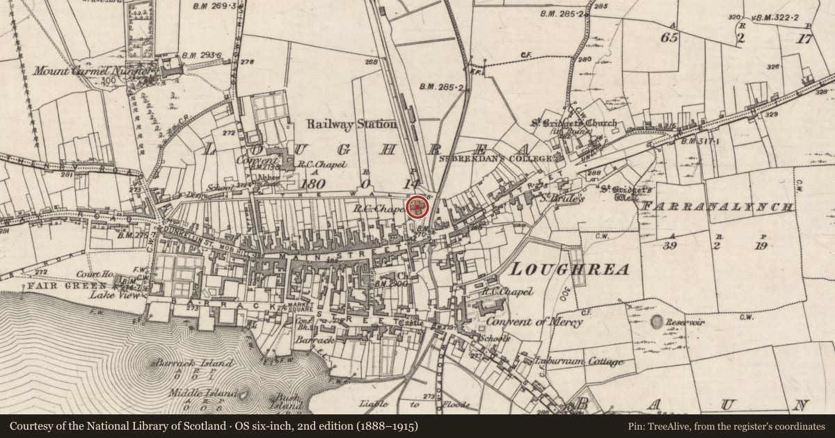 Ordnance Survey six-inch map, 2nd edition (1888–1915) covering the location of Chapel, Loughrea, County Galway, with a pin at the register's coordinates