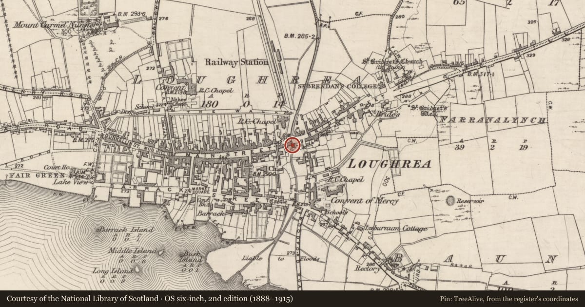 Ordnance Survey six-inch map, 2nd edition (1888–1915) covering the location of Mill - unclassified, Loughrea, County Galway, with a pin at the register's coordinates