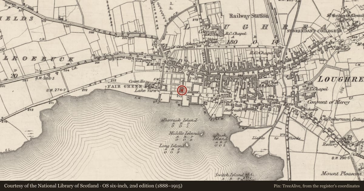 Ordnance Survey six-inch map, 2nd edition (1888–1915) covering the location of House - 18th/19th century, Loughrea, County Galway, with a pin at the register's coordinates