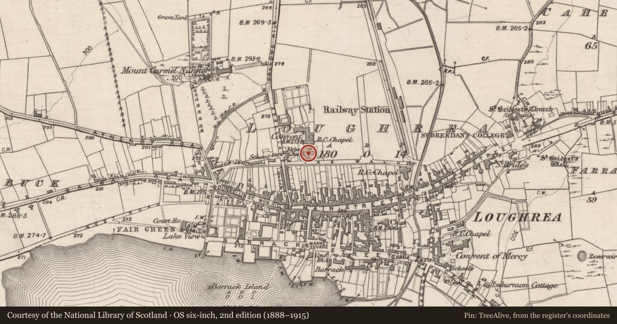 Ordnance Survey six-inch map, 2nd edition (1888–1915) covering the location of Religious house - Carmelite friars, Loughrea, County Galway, with a pin at the register's coordinates