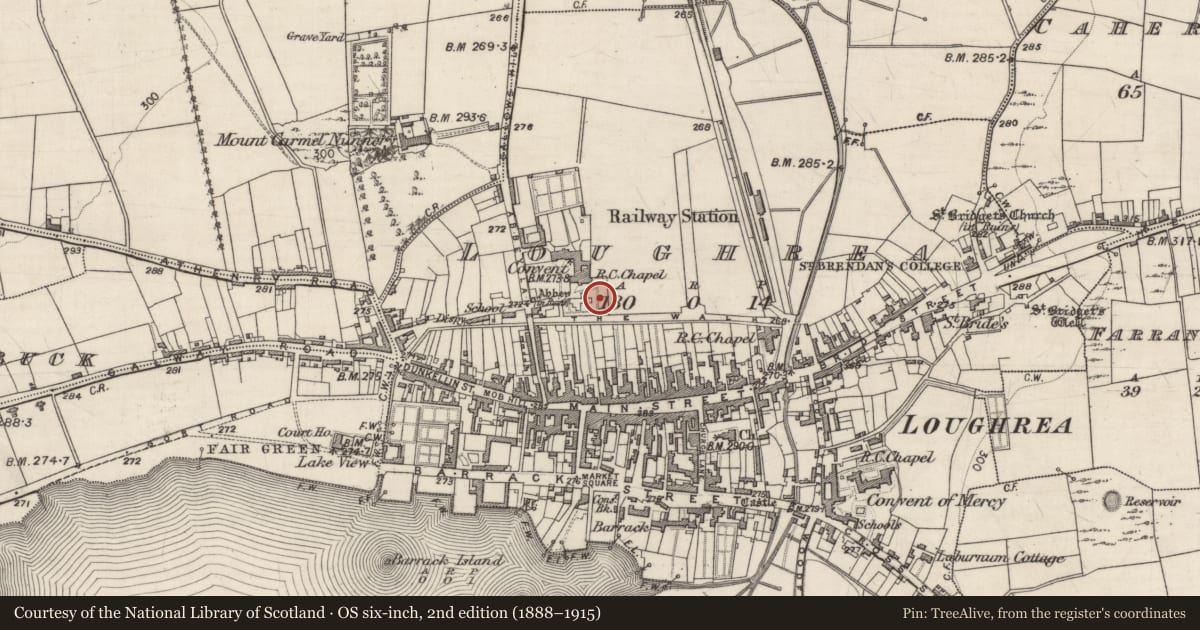 Ordnance Survey six-inch map, 2nd edition (1888–1915) covering the location of Graveyard, Loughrea, County Galway, with a pin at the register's coordinates