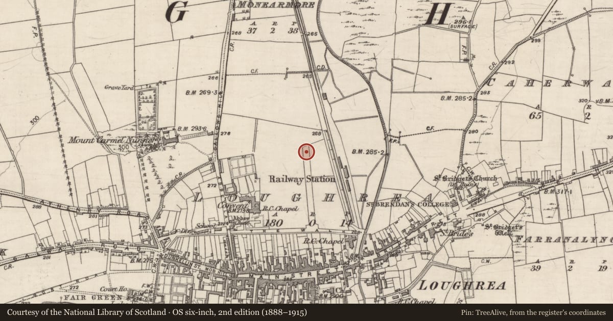 Ordnance Survey six-inch map, 2nd edition (1888–1915) covering the location of Burial, Loughrea, County Galway, with a pin at the register's coordinates