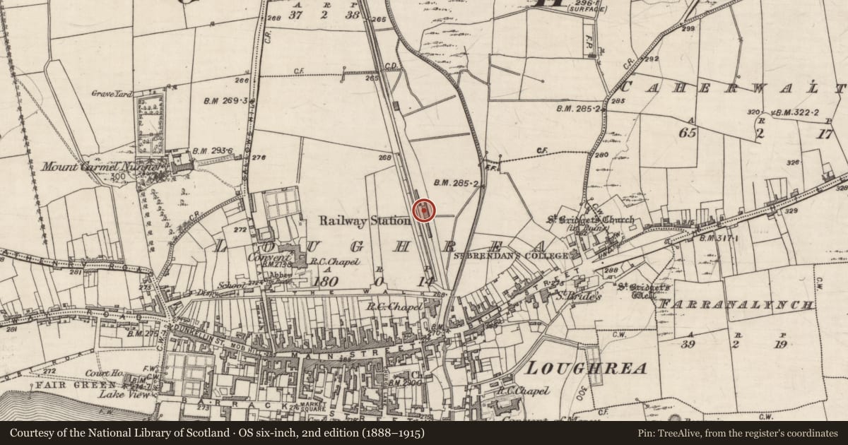 Ordnance Survey six-inch map, 2nd edition (1888–1915) covering the location of Railway station, Loughrea, County Galway, with a pin at the register's coordinates