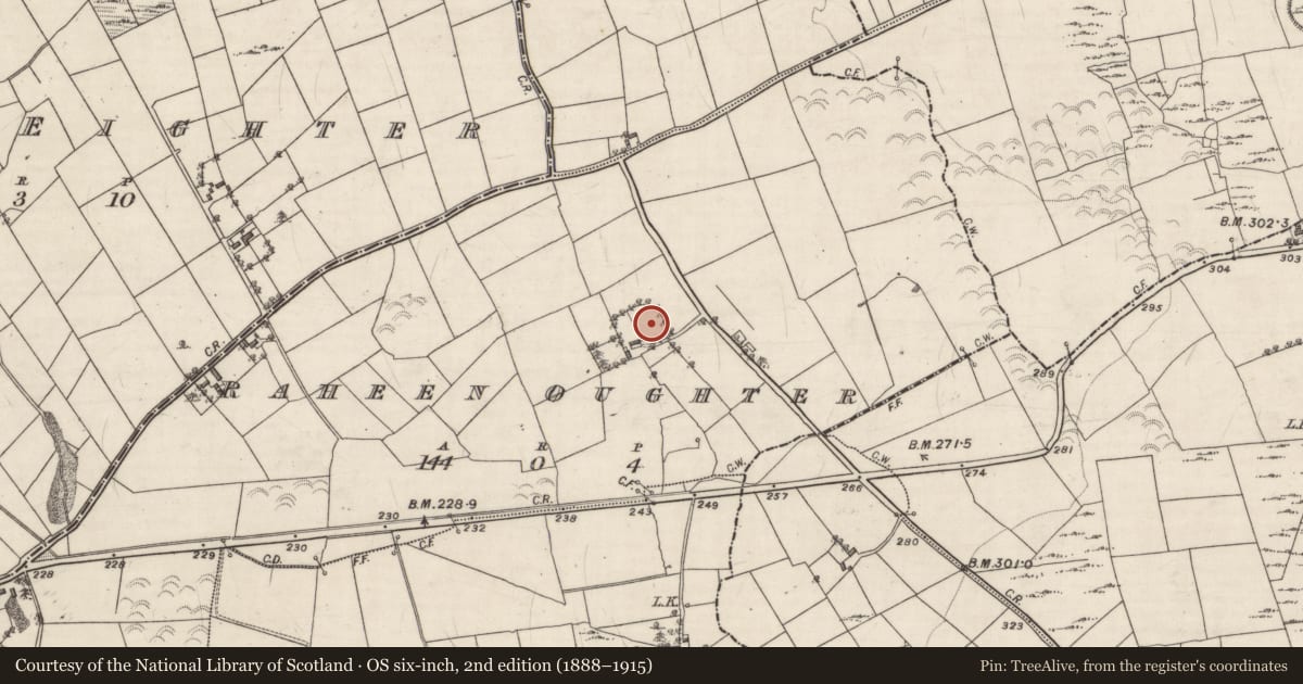 Ordnance Survey six-inch map, 2nd edition (1888–1915) covering the location of Ringfort - rath, Raheen Oughter, County Galway, with a pin at the register's coordinates