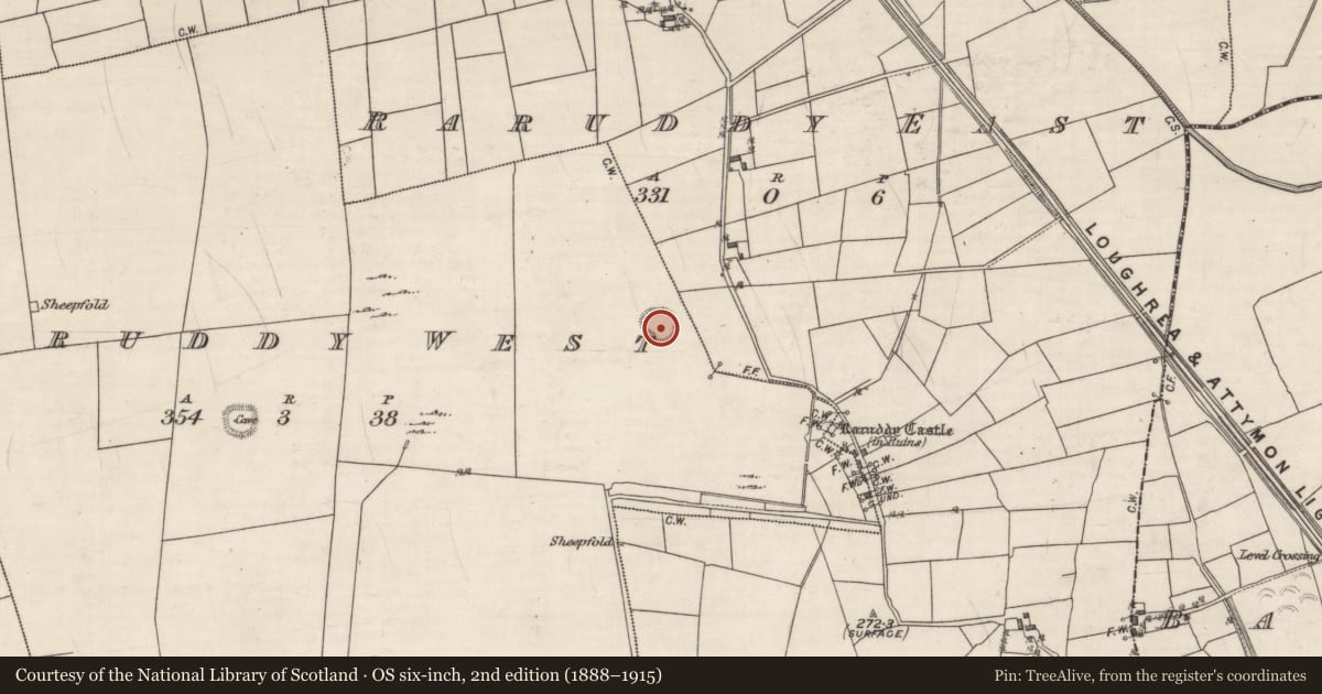 Ordnance Survey six-inch map, 2nd edition (1888–1915) covering the location of Souterrain, Raruddy West, County Galway, with a pin at the register's coordinates