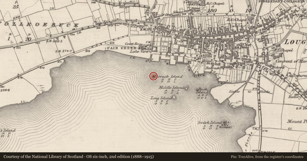 Ordnance Survey six-inch map, 2nd edition (1888–1915) covering the location of Crannog, Lough Rea, County Galway, with a pin at the register's coordinates
