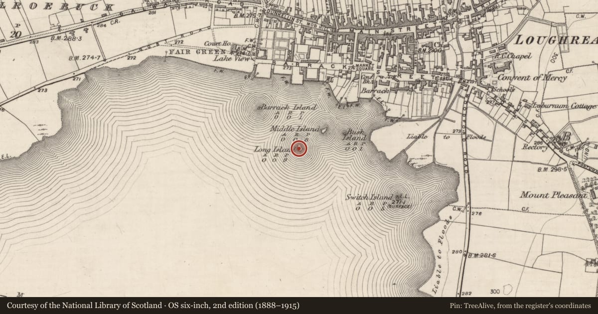 Ordnance Survey six-inch map, 2nd edition (1888–1915) covering the location of Crannog, Lough Rea, County Galway, with a pin at the register's coordinates