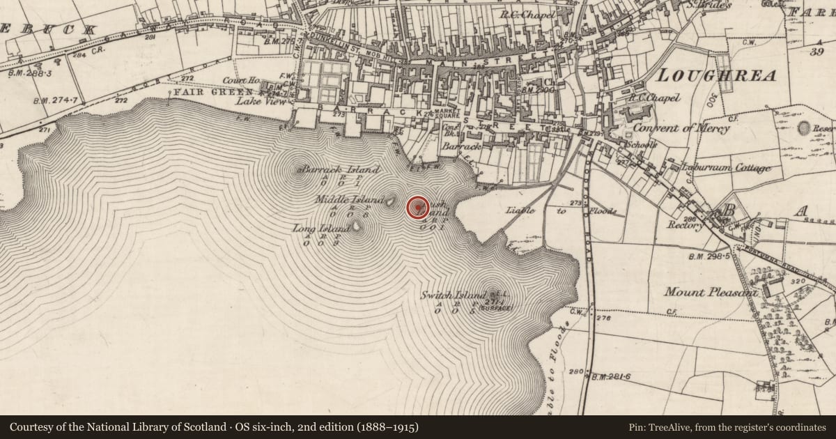 Ordnance Survey six-inch map, 2nd edition (1888–1915) covering the location of Crannog, Lough Rea, County Galway, with a pin at the register's coordinates