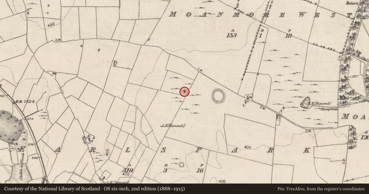 Ordnance Survey six-inch map, 2nd edition (1888–1915) covering the location of Hilltop enclosure, Earlspark, County Galway, with a pin at the register's coordinates