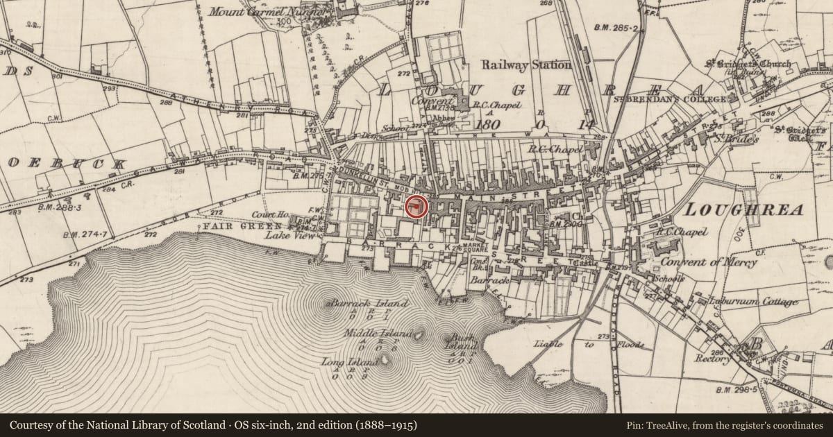 Ordnance Survey six-inch map, 2nd edition (1888–1915) covering the location of Architectural fragment, Loughrea, County Galway, with a pin at the register's coordinates