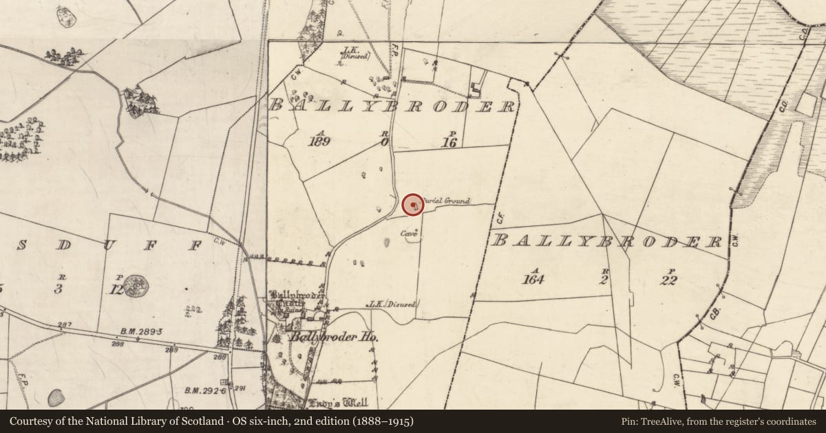 Ordnance Survey six-inch map, 2nd edition (1888–1915) covering the location of Graveyard, Ballybroder, County Galway, with a pin at the register's coordinates