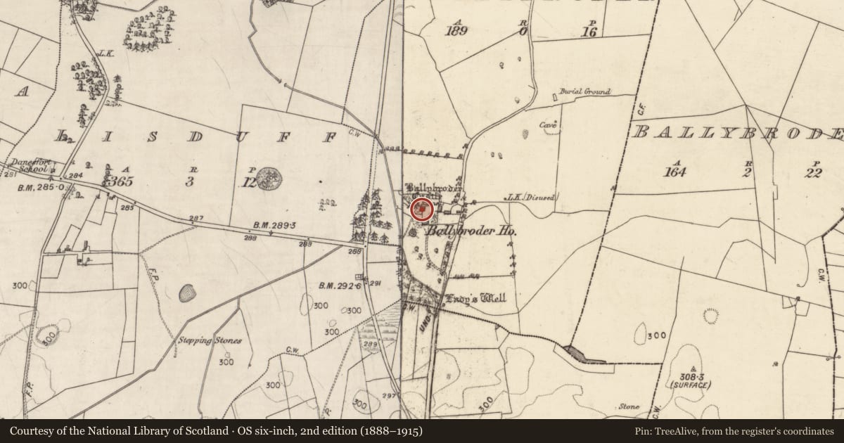 Ordnance Survey six-inch map, 2nd edition (1888–1915) covering the location of Castle - tower house, Ballybroder, County Galway, with a pin at the register's coordinates