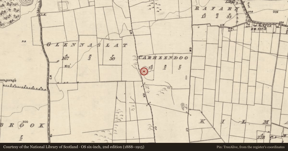 Ordnance Survey six-inch map, 2nd edition (1888–1915) covering the location of Ringfort - rath, Carheendoo, Glennaslat, County Galway, with a pin at the register's coordinates