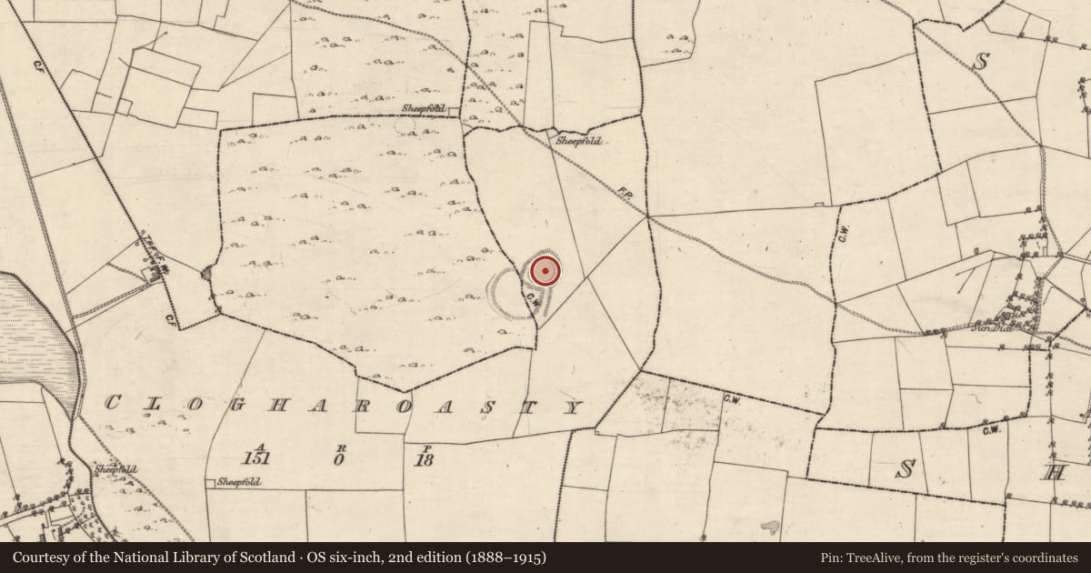 Ordnance Survey six-inch map, 2nd edition (1888–1915) covering the location of Souterrain, Clogharoasty, County Galway, with a pin at the register's coordinates