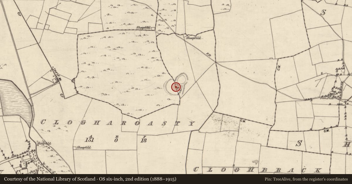 Ordnance Survey six-inch map, 2nd edition (1888–1915) covering the location of Enclosure, Clogharoasty, Kilcooly, County Galway, with a pin at the register's coordinates