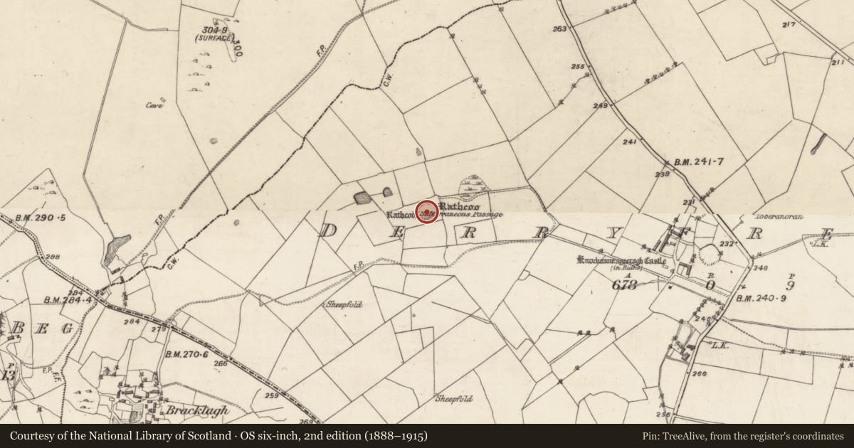 Ordnance Survey six-inch map, 2nd edition (1888–1915) covering the location of Ringfort - rath, Derryfrench, County Galway, with a pin at the register's coordinates