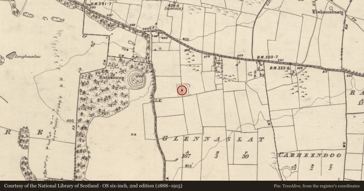 Ordnance Survey six-inch map, 2nd edition (1888–1915) covering the location of Moated site, Glennaslat, County Galway, with a pin at the register's coordinates
