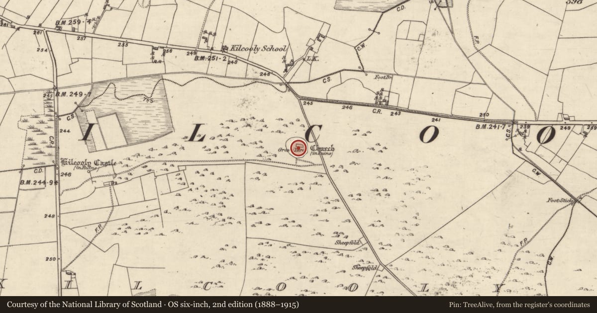 Ordnance Survey six-inch map, 2nd edition (1888–1915) covering the location of Church, Kilcooly, County Galway, with a pin at the register's coordinates