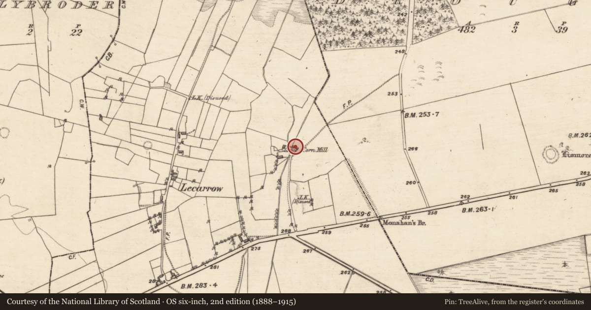 Ordnance Survey six-inch map, 2nd edition (1888–1915) covering the location of Mill - corn, Kilmeen, County Galway, with a pin at the register's coordinates