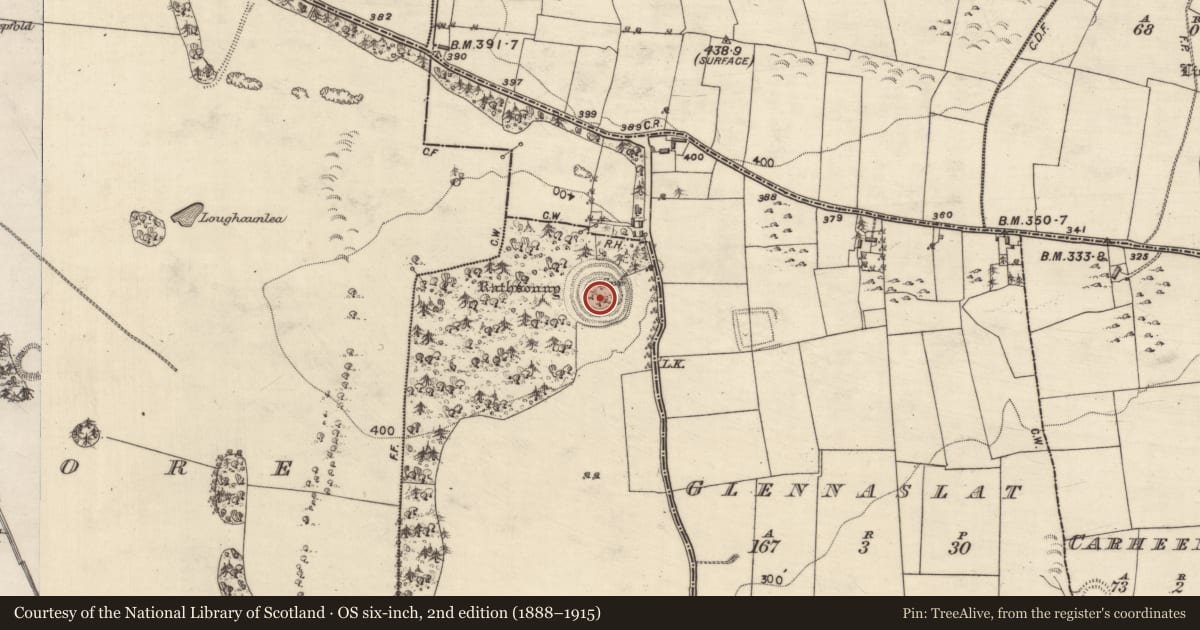 Ordnance Survey six-inch map, 2nd edition (1888–1915) covering the location of Ringfort - rath, Masonbrook, County Galway, with a pin at the register's coordinates