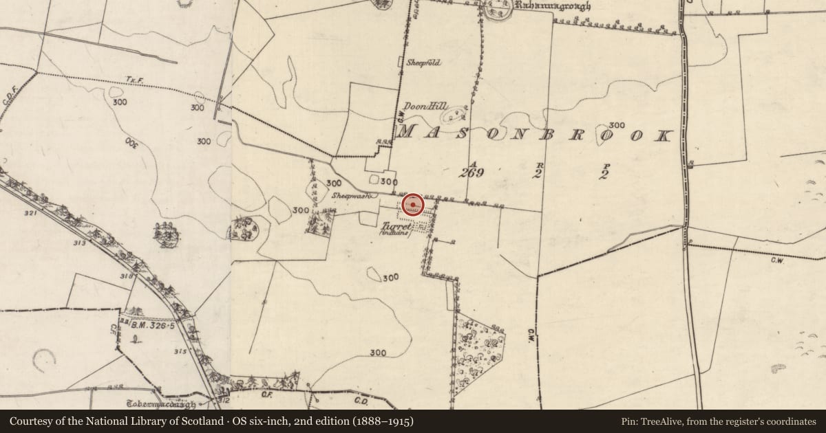 Ordnance Survey six-inch map, 2nd edition (1888–1915) covering the location of Fish-pond, Masonbrook, County Galway, with a pin at the register's coordinates