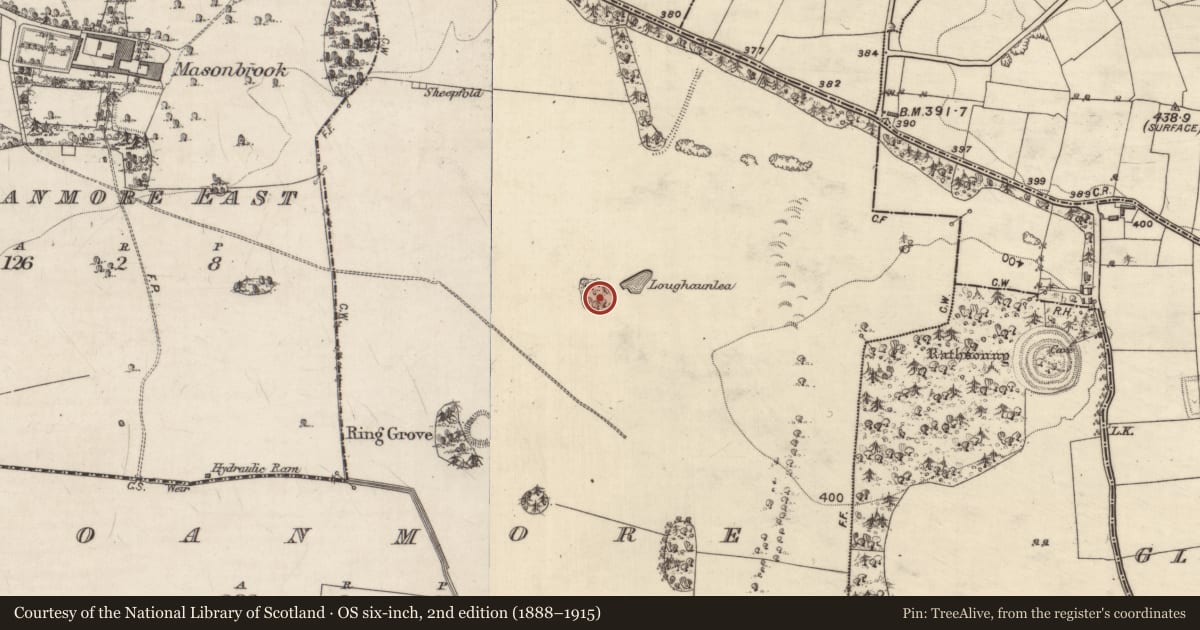 Ordnance Survey six-inch map, 2nd edition (1888–1915) covering the location of Designed landscape feature, Moanmore, County Galway, with a pin at the register's coordinates