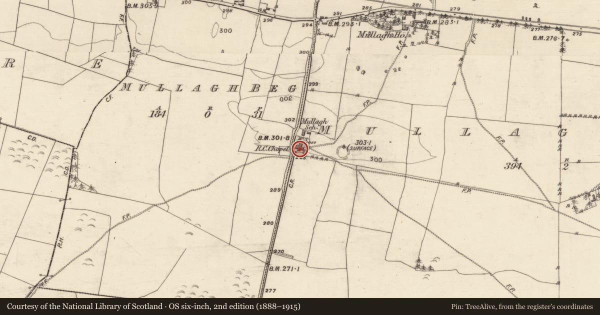 Ordnance Survey six-inch map, 2nd edition (1888–1915) covering the location of Church, Mullagh More, County Galway, with a pin at the register's coordinates