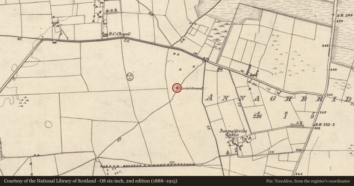 Ordnance Survey six-inch map, 2nd edition (1888–1915) covering the location of Children's burial ground, Rafarn, County Galway, with a pin at the register's coordinates