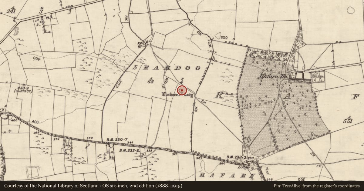 Ordnance Survey six-inch map, 2nd edition (1888–1915) covering the location of Children's burial ground, Srahdoo, County Galway, with a pin at the register's coordinates