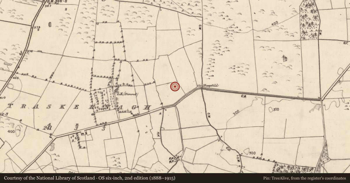 Ordnance Survey six-inch map, 2nd edition (1888–1915) covering the location of Souterrain, Traskernagh, County Galway, with a pin at the register's coordinates